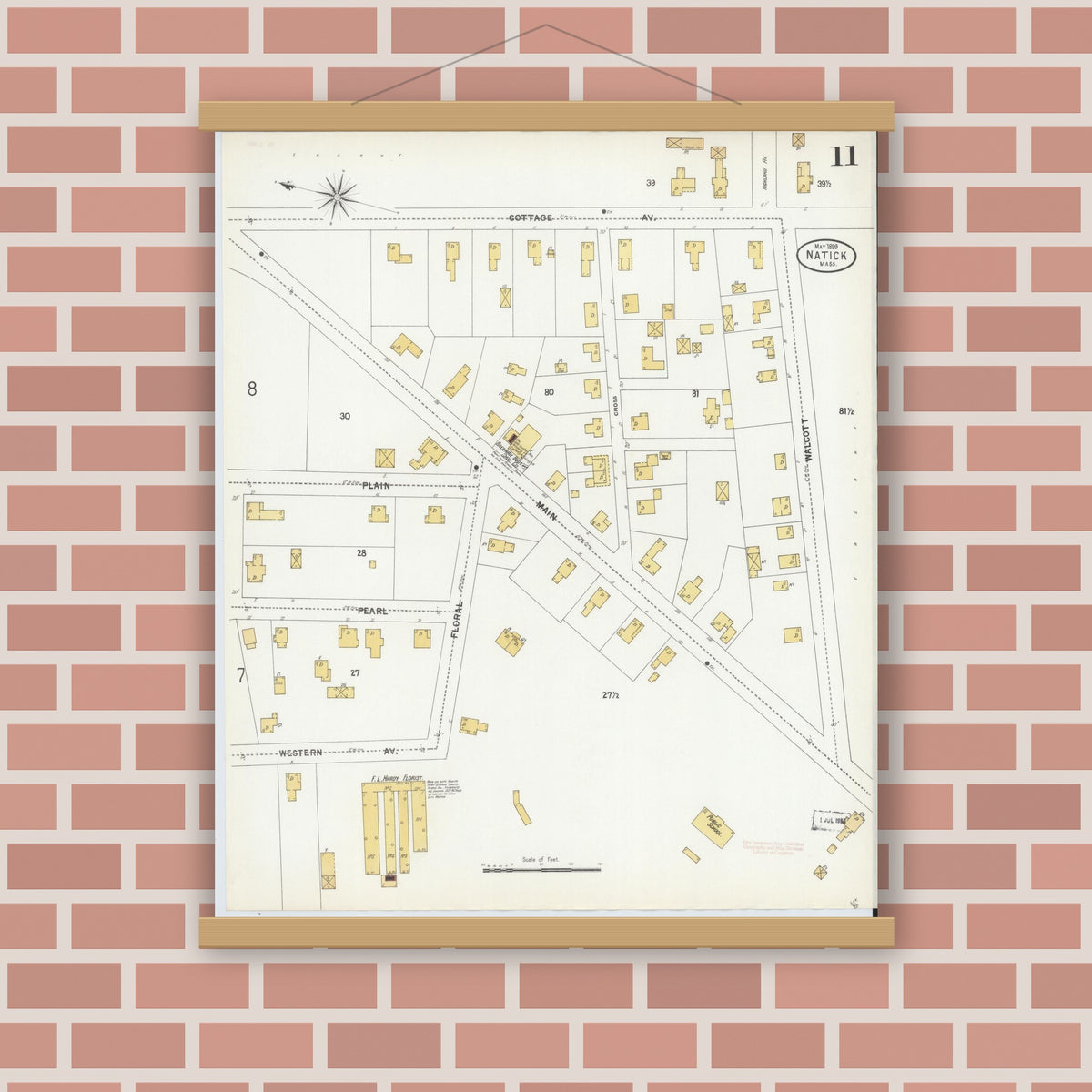 Old map wall art mockup — magnetic wood frame on brick wall — Sanborn Fire Insurance Map from Natick, Middlesex County, Massachusetts (1899), Sheet #0011