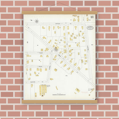 Old map wall art mockup — magnetic wood frame on brick wall — Sanborn Fire Insurance Map from Natick, Middlesex County, Massachusetts (1899), Sheet #0011