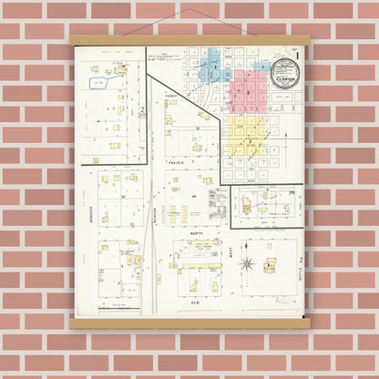 Old map wall art mockup — magnetic wood frame on brick wall — Sanborn Fire Insurance Map from Clarion, Wright County, Iowa (1896), Sheet #0001