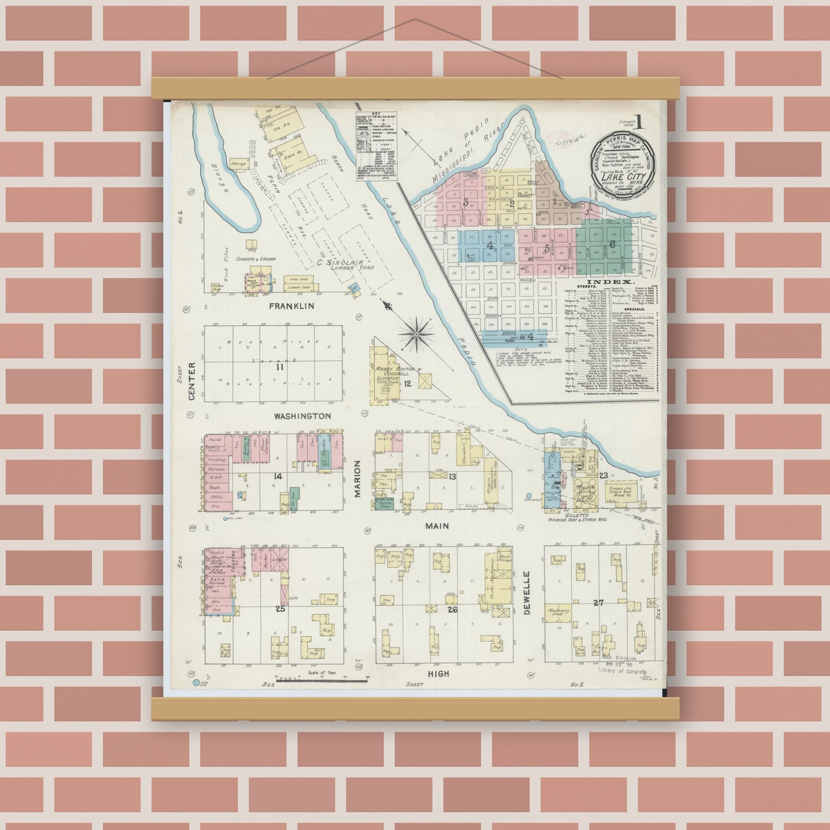 Old map wall art mockup — magnetic wood frame on brick wall — Sanborn Fire Insurance Map from Lake City, Wabasha County, Minnesota (1891), Sheet #0001