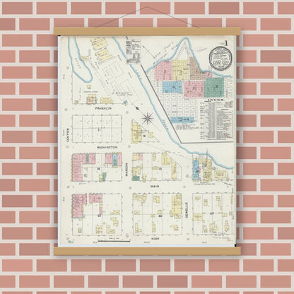 Old map wall art mockup — magnetic wood frame on brick wall — Sanborn Fire Insurance Map from Lake City, Wabasha County, Minnesota (1891), Sheet #0001