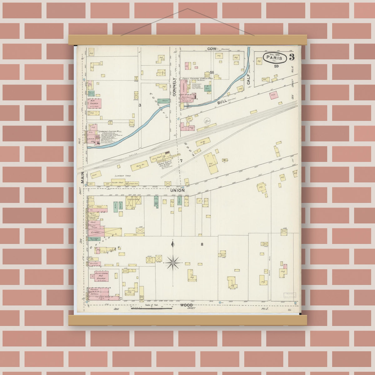 Old map wall art mockup — magnetic wood frame on brick wall — Sanborn Fire Insurance Map from Paris, Edgar County, Illinois (1890), Sheet #0003