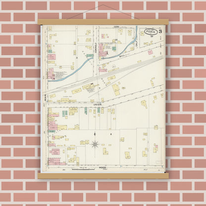 Old map wall art mockup — magnetic wood frame on brick wall — Sanborn Fire Insurance Map from Paris, Edgar County, Illinois (1890), Sheet #0003