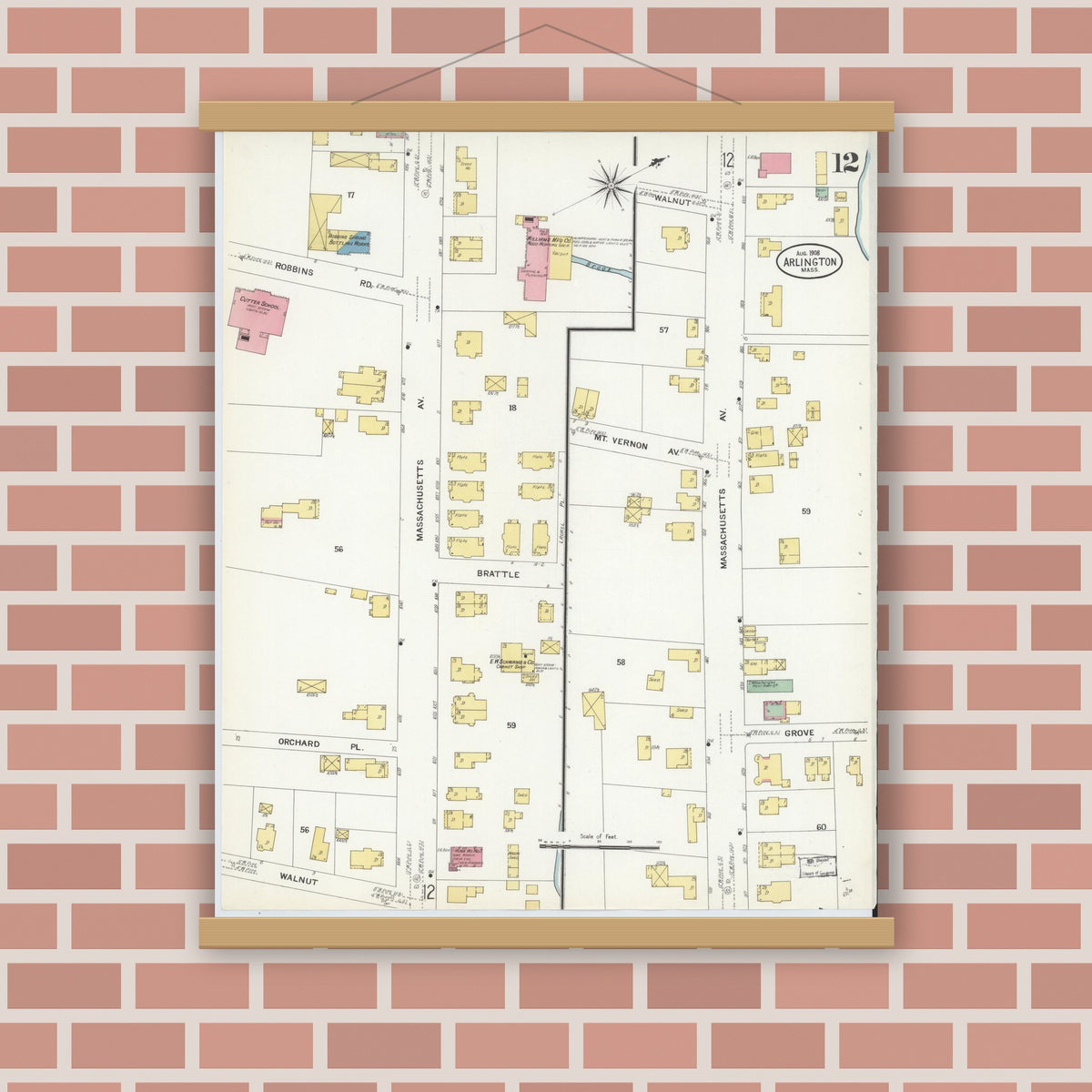 Old map wall art mockup — magnetic wood frame on brick wall — Sanborn Fire Insurance Map from Arlington, Middlesex County, Massachusetts (1908), Sheet #0012