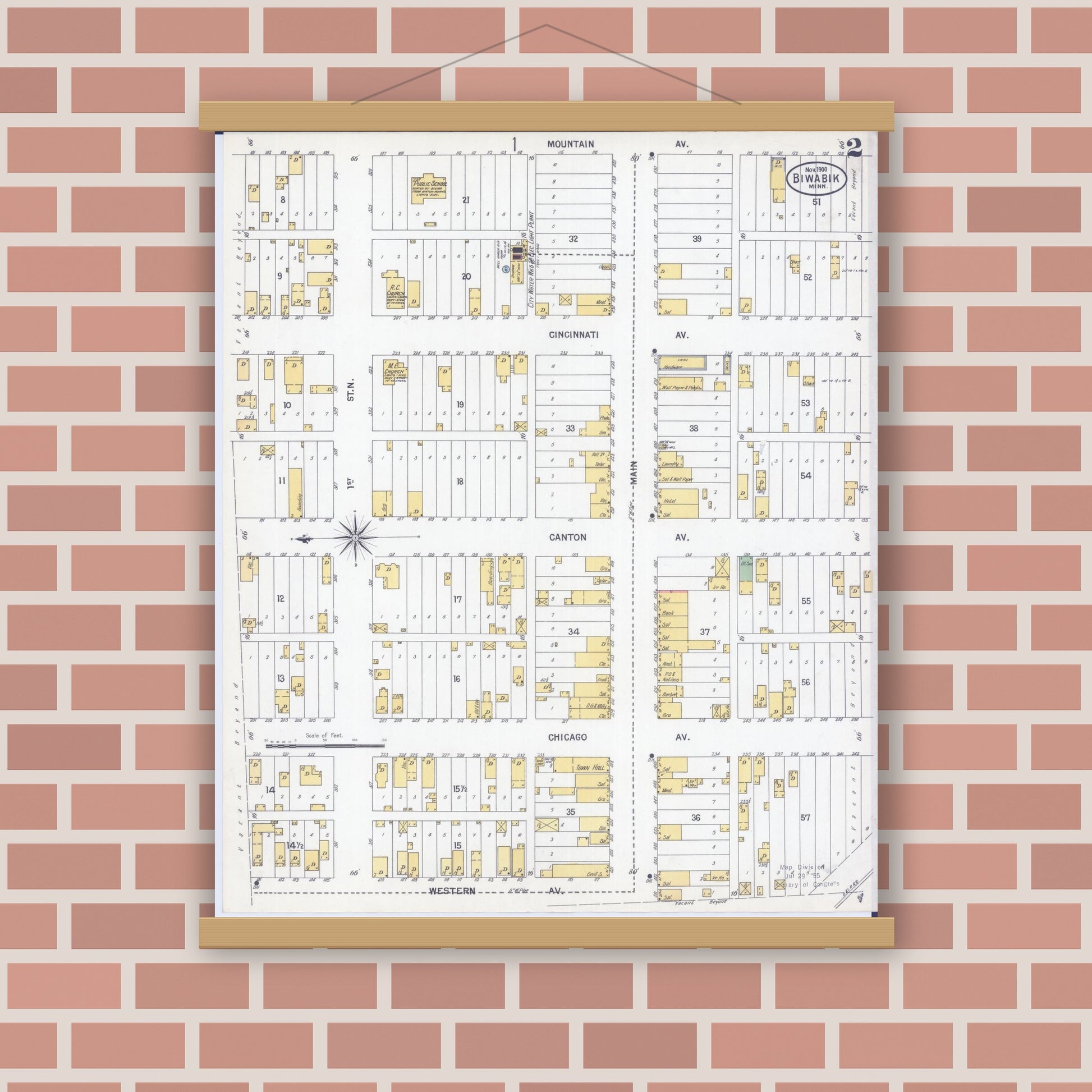 Old map wall art mockup — magnetic wood frame on brick wall — Sanborn Fire Insurance Map from Biwabik, Saint Louis County, Minnesota (1900), Sheet #0002
