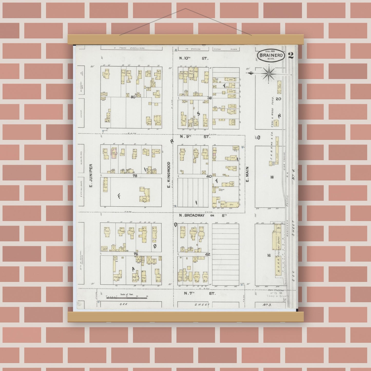 Old map wall art mockup — magnetic wood frame on brick wall — Sanborn Fire Insurance Map from Brainerd, Crow Wing County, Minnesota (1889), Sheet #0002