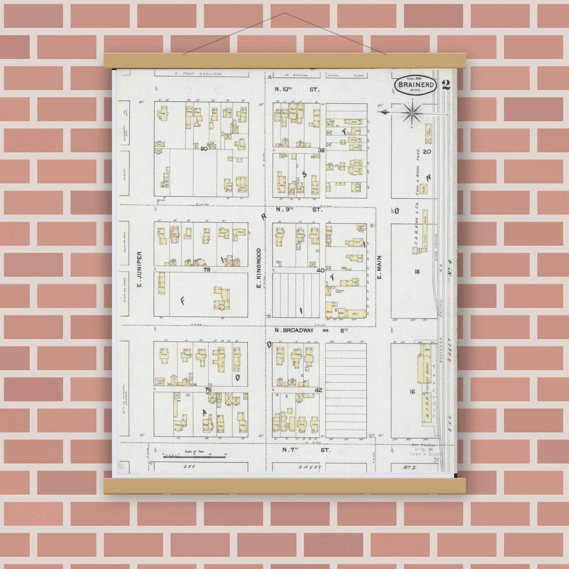 Old map wall art mockup — magnetic wood frame on brick wall — Sanborn Fire Insurance Map from Brainerd, Crow Wing County, Minnesota (1889), Sheet #0002