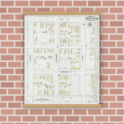 Old map wall art mockup — magnetic wood frame on brick wall — Sanborn Fire Insurance Map from Brainerd, Crow Wing County, Minnesota (1889), Sheet #0002