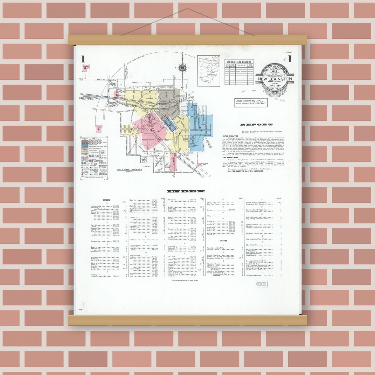 Old map wall art mockup — magnetic wood frame on brick wall — Sanborn Fire Insurance Map from New Lexington, Perry County, Ohio (1950), Sheet #0001