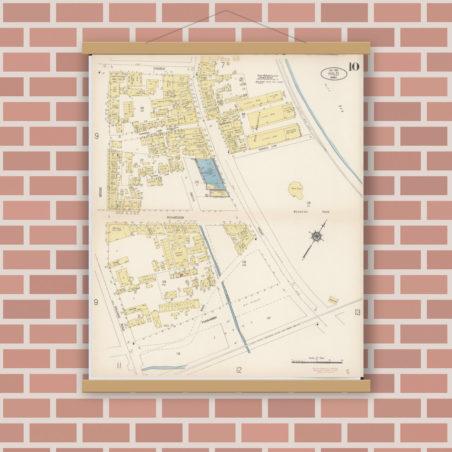 Old map wall art mockup — magnetic wood frame on brick wall — Sanborn Fire Insurance Map from Hilo, Hawaii County, Hawaii (1914), Sheet #0010