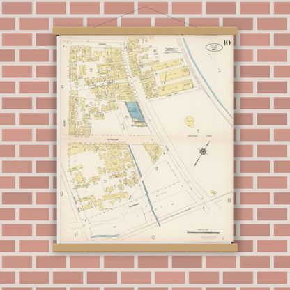 Old map wall art mockup — magnetic wood frame on brick wall — Sanborn Fire Insurance Map from Hilo, Hawaii County, Hawaii (1914), Sheet #0010