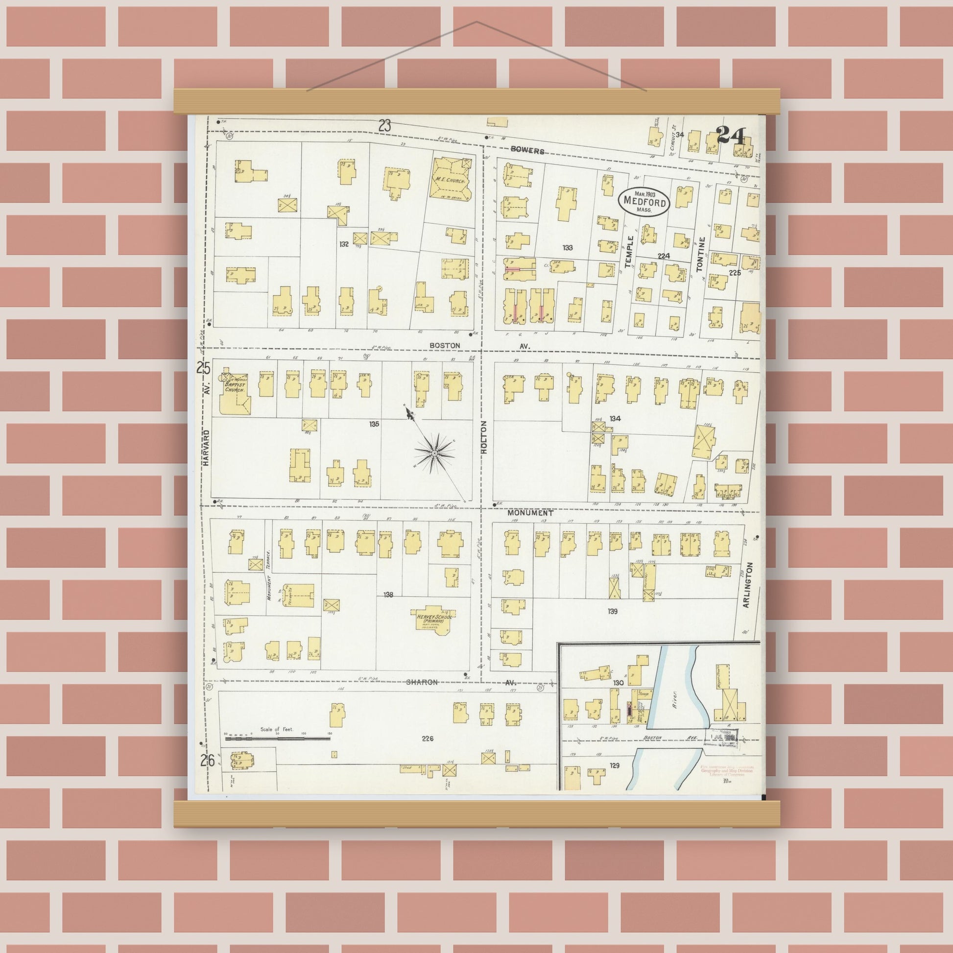 Old map wall art mockup — magnetic wood frame on brick wall — Sanborn Fire Insurance Map from Medford, Middlesex County, Massachusetts (1903), Sheet #0024