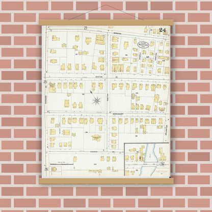Old map wall art mockup — magnetic wood frame on brick wall — Sanborn Fire Insurance Map from Medford, Middlesex County, Massachusetts (1903), Sheet #0024