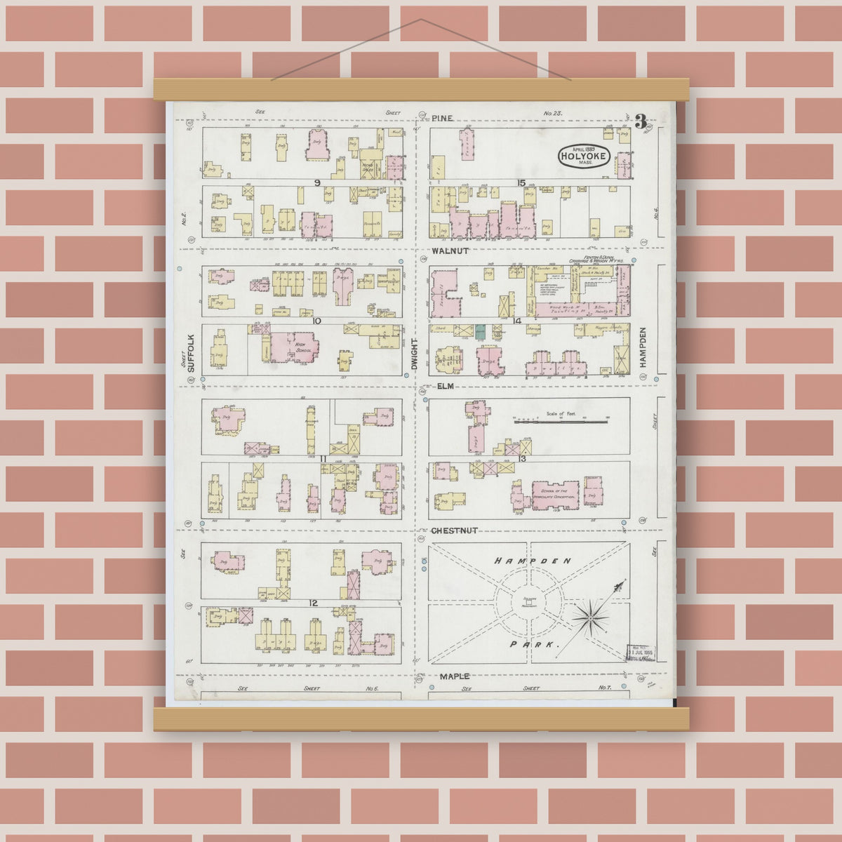 Old map wall art mockup — magnetic wood frame on brick wall — Sanborn Fire Insurance Map from Holyoke, Hampden County, Massachusetts (1889), Sheet #0003