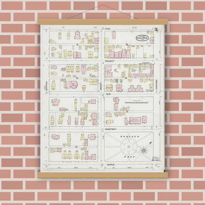 Old map wall art mockup — magnetic wood frame on brick wall — Sanborn Fire Insurance Map from Holyoke, Hampden County, Massachusetts (1889), Sheet #0003