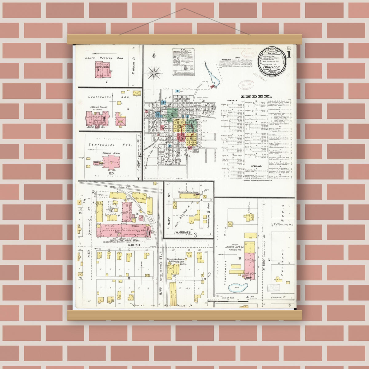 Old map wall art mockup — magnetic wood frame on brick wall — Sanborn Fire Insurance Map from Fairfield, Jefferson County, Iowa (1899) â€” Complete Set