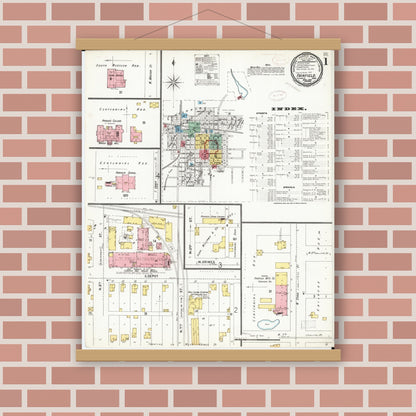 Old map wall art mockup — magnetic wood frame on brick wall — Sanborn Fire Insurance Map from Fairfield, Jefferson County, Iowa (1899) â€” Complete Set