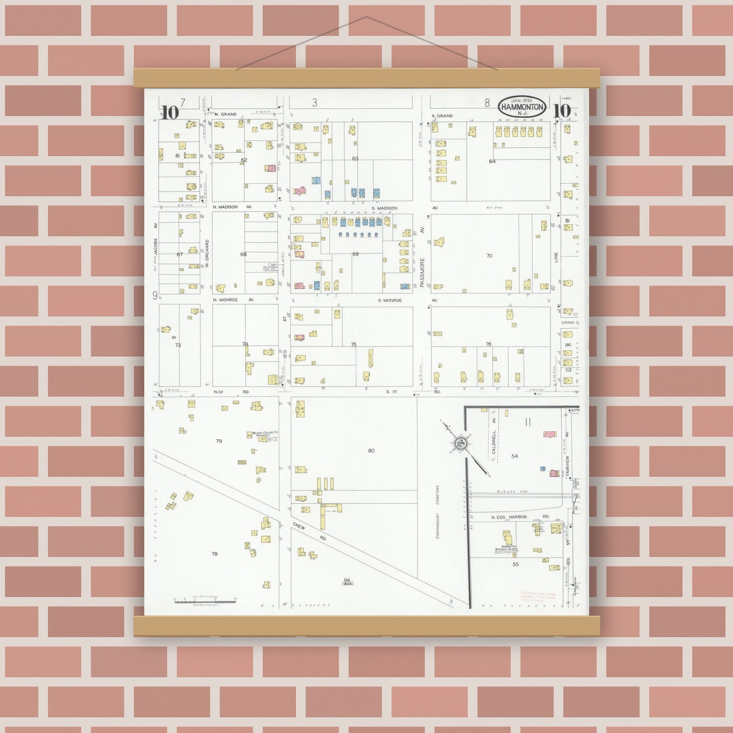 Old map wall art mockup — magnetic wood frame on brick wall — Sanborn Fire Insurance Map from Hammonton, Atlantic County, New Jersey (1930), Sheet #0010