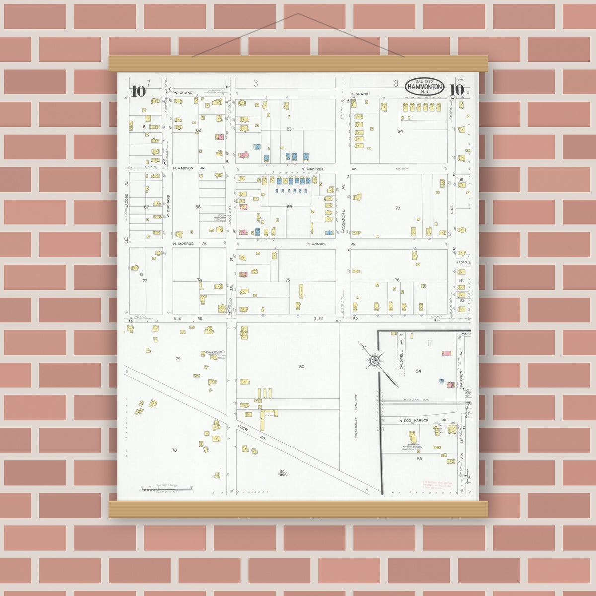 Old map wall art mockup — magnetic wood frame on brick wall — Sanborn Fire Insurance Map from Hammonton, Atlantic County, New Jersey (1930), Sheet #0010