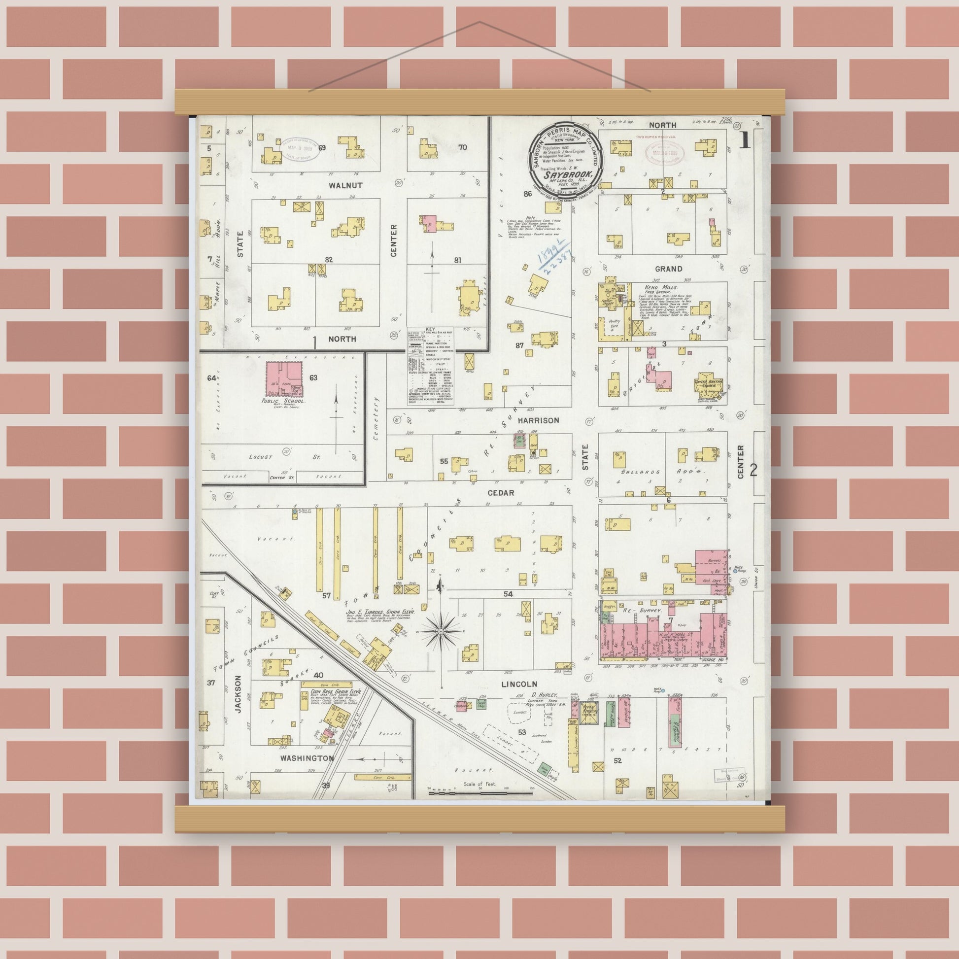 Old map wall art mockup — magnetic wood frame on brick wall — Sanborn Fire Insurance Map from Saybrook, McLean County, Illinois (1899) - Complete Map Set