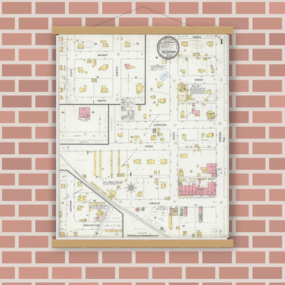 Old map wall art mockup — magnetic wood frame on brick wall — Sanborn Fire Insurance Map from Saybrook, McLean County, Illinois (1899) - Complete Map Set