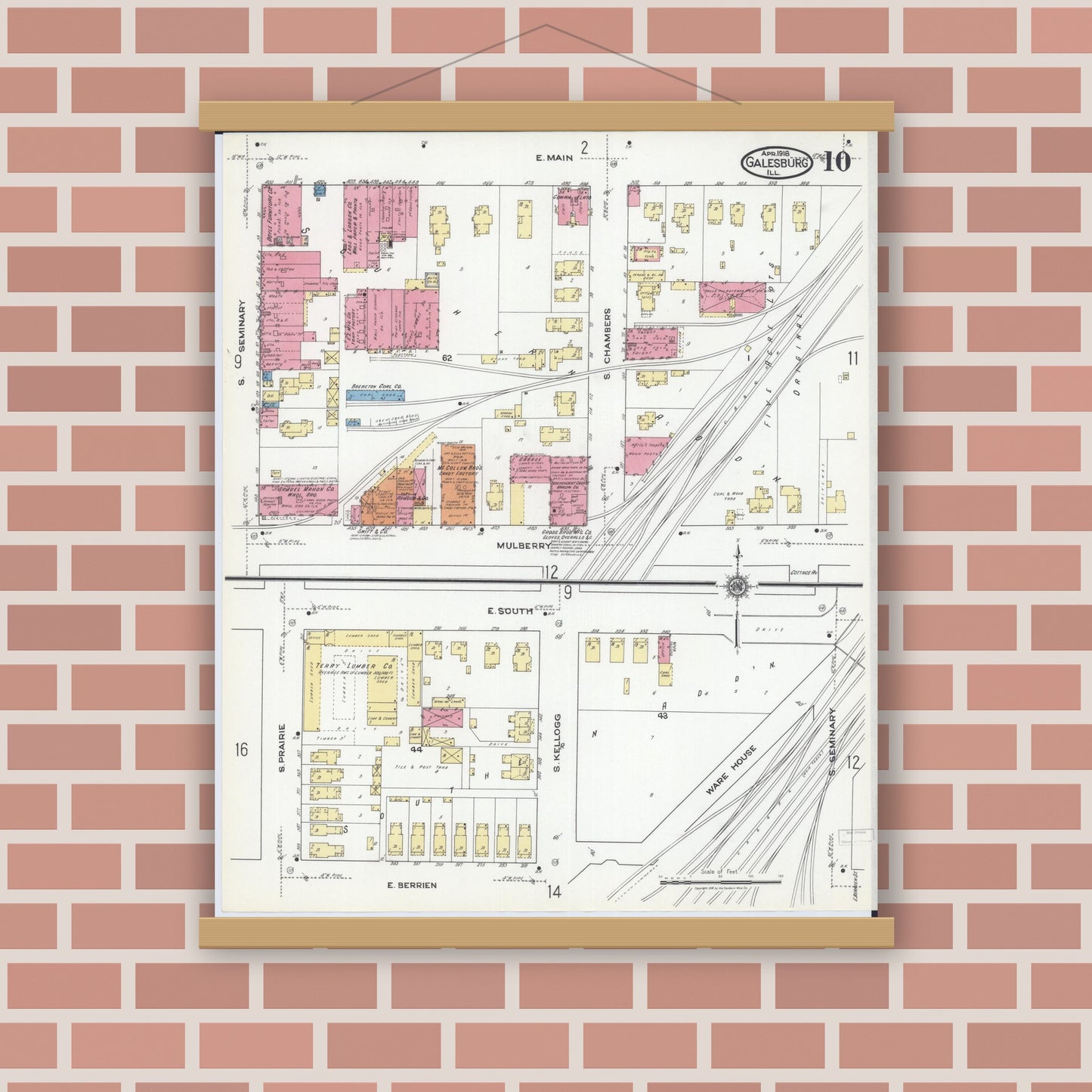 Old map wall art mockup — magnetic wood frame on brick wall — Sanborn Fire Insurance Map from Galesburg, Knox County, Illinois (1918), Sheet #0010