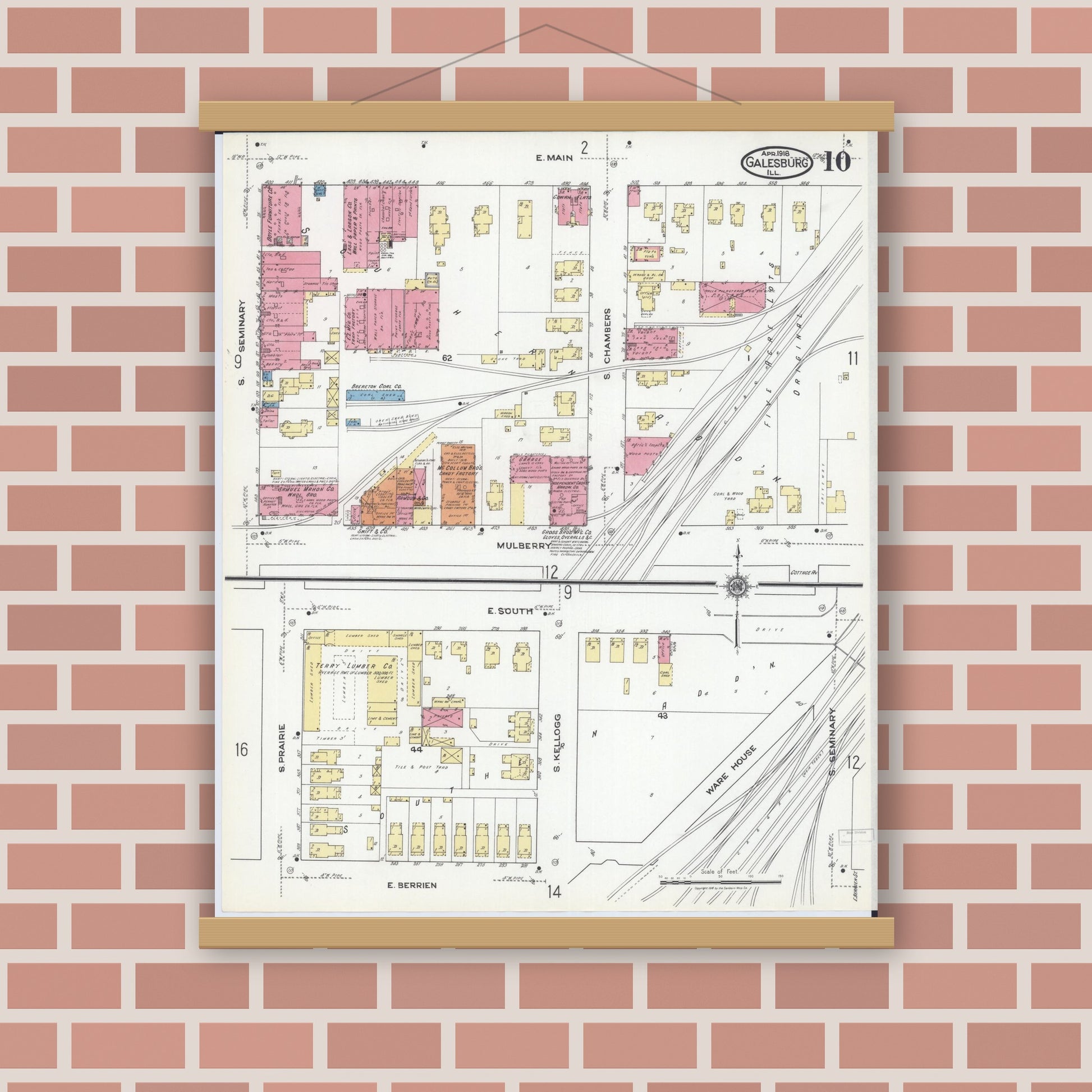 Old map wall art mockup — magnetic wood frame on brick wall — Sanborn Fire Insurance Map from Galesburg, Knox County, Illinois (1918), Sheet #0010