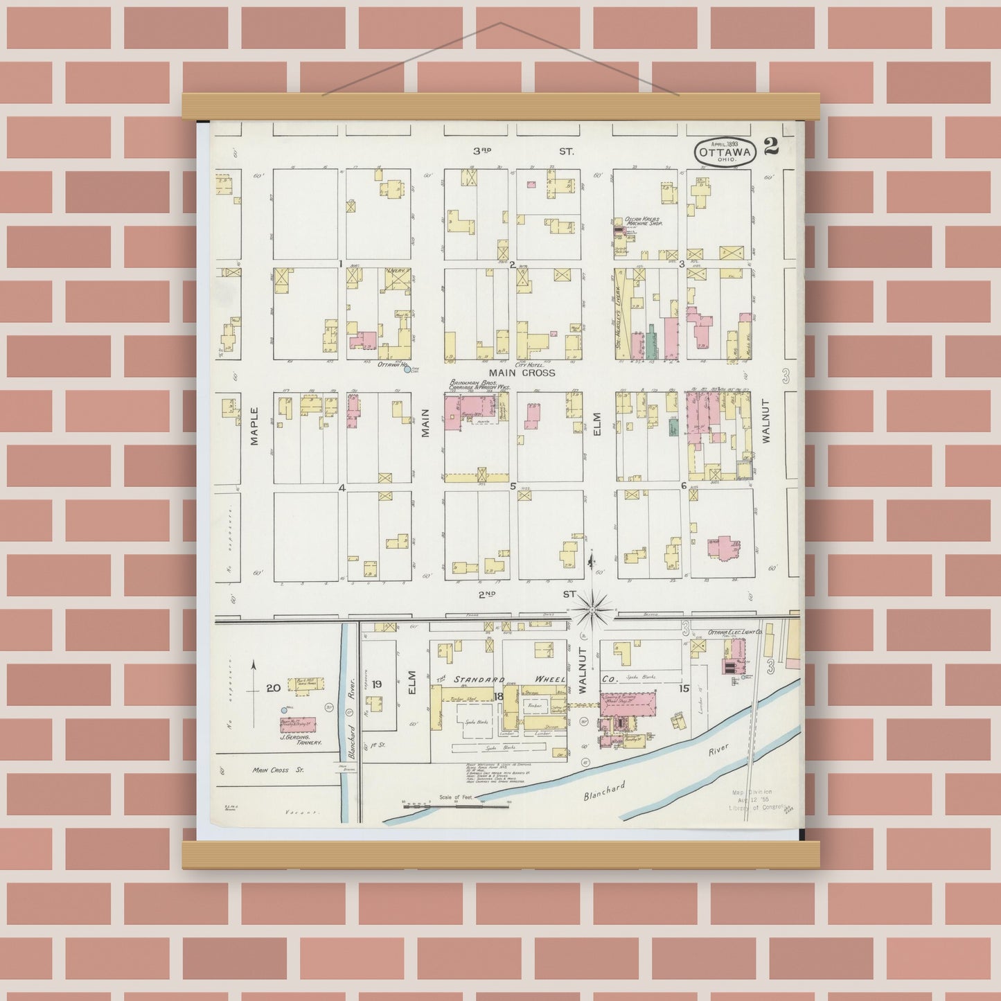 Old map wall art mockup — magnetic wood frame on brick wall — Sanborn Fire Insurance Map from Ottawa, Putnam County, Ohio (1893), Sheet #0002