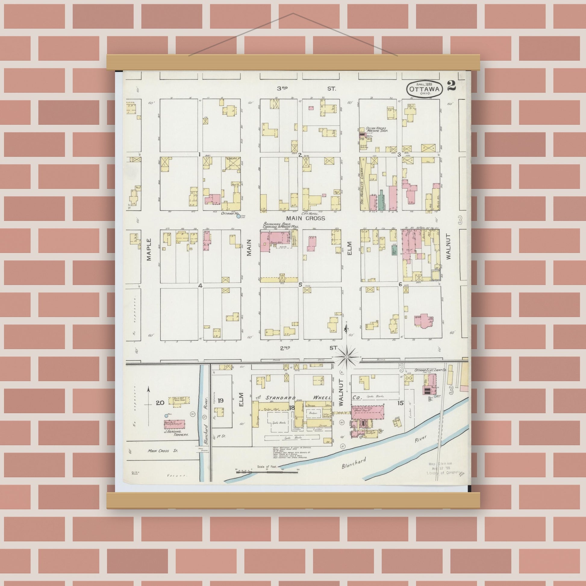 Old map wall art mockup — magnetic wood frame on brick wall — Sanborn Fire Insurance Map from Ottawa, Putnam County, Ohio (1893), Sheet #0002