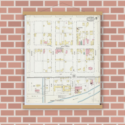 Old map wall art mockup — magnetic wood frame on brick wall — Sanborn Fire Insurance Map from Ottawa, Putnam County, Ohio (1893), Sheet #0002