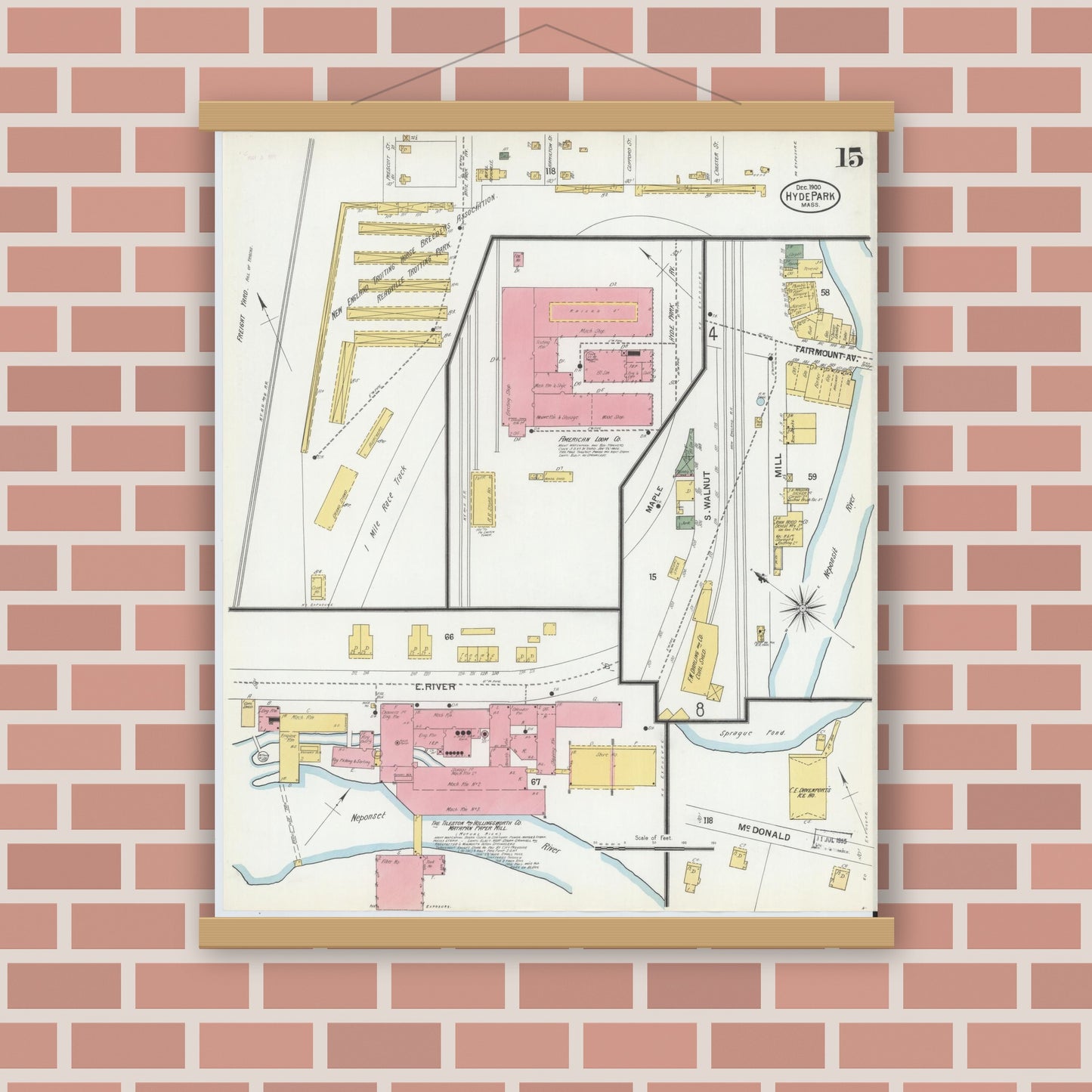 Old map wall art mockup — magnetic wood frame on brick wall — Sanborn Fire Insurance Map from Hyde Park, Norfolk County, Massachusetts (1900), Sheet #0015