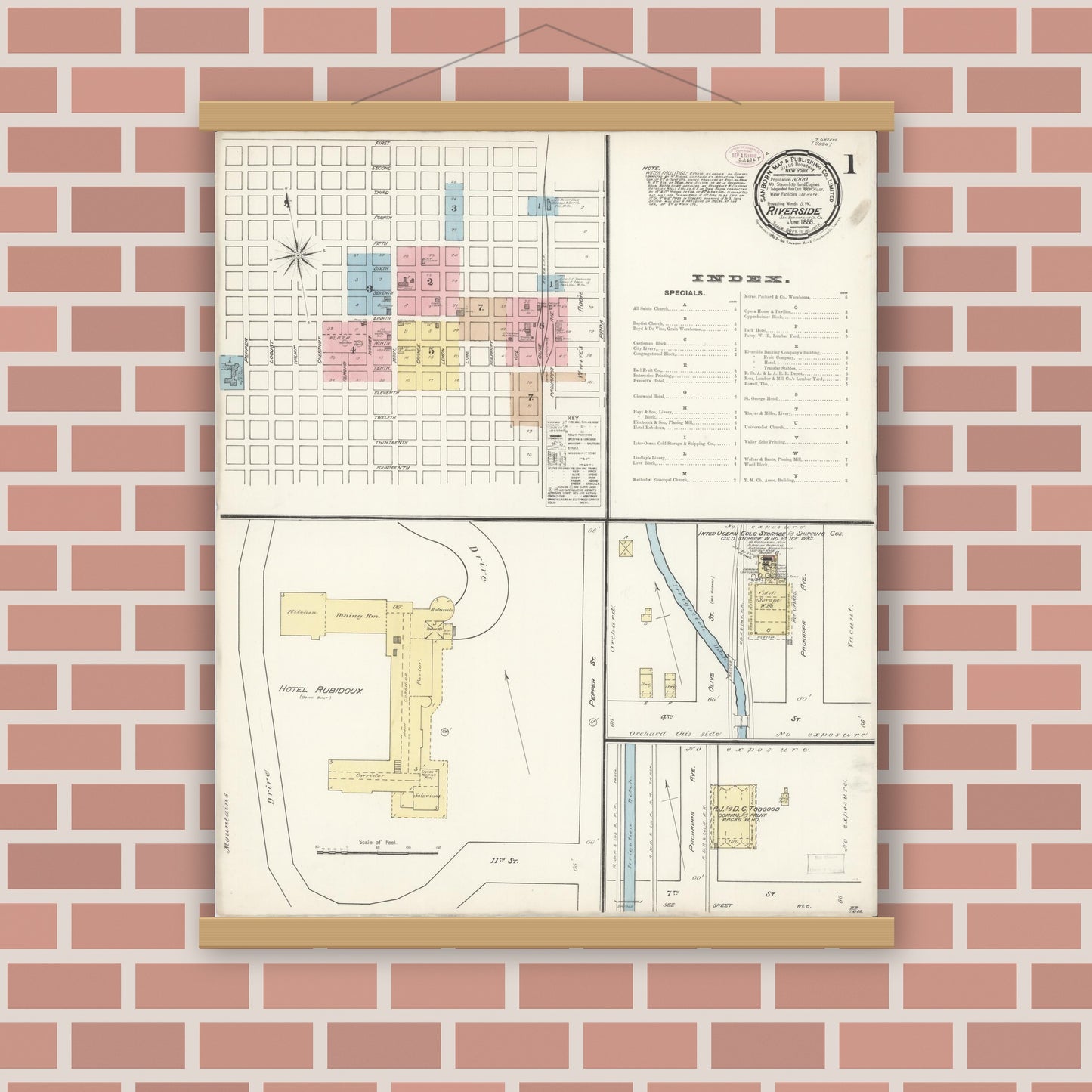 Old map wall art mockup — magnetic wood frame on brick wall — Sanborn Fire Insurance Map from Riverside, Riverside County, California (1888) - Complete Map Set