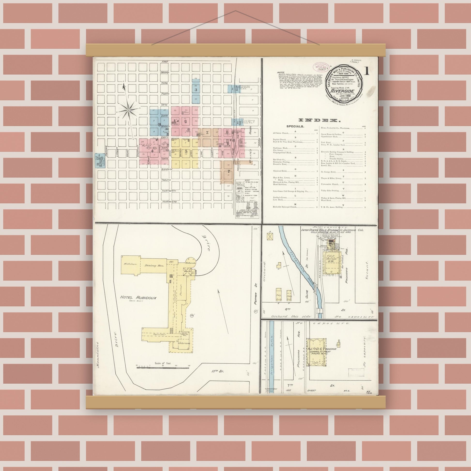 Old map wall art mockup — magnetic wood frame on brick wall — Sanborn Fire Insurance Map from Riverside, Riverside County, California (1888) - Complete Map Set
