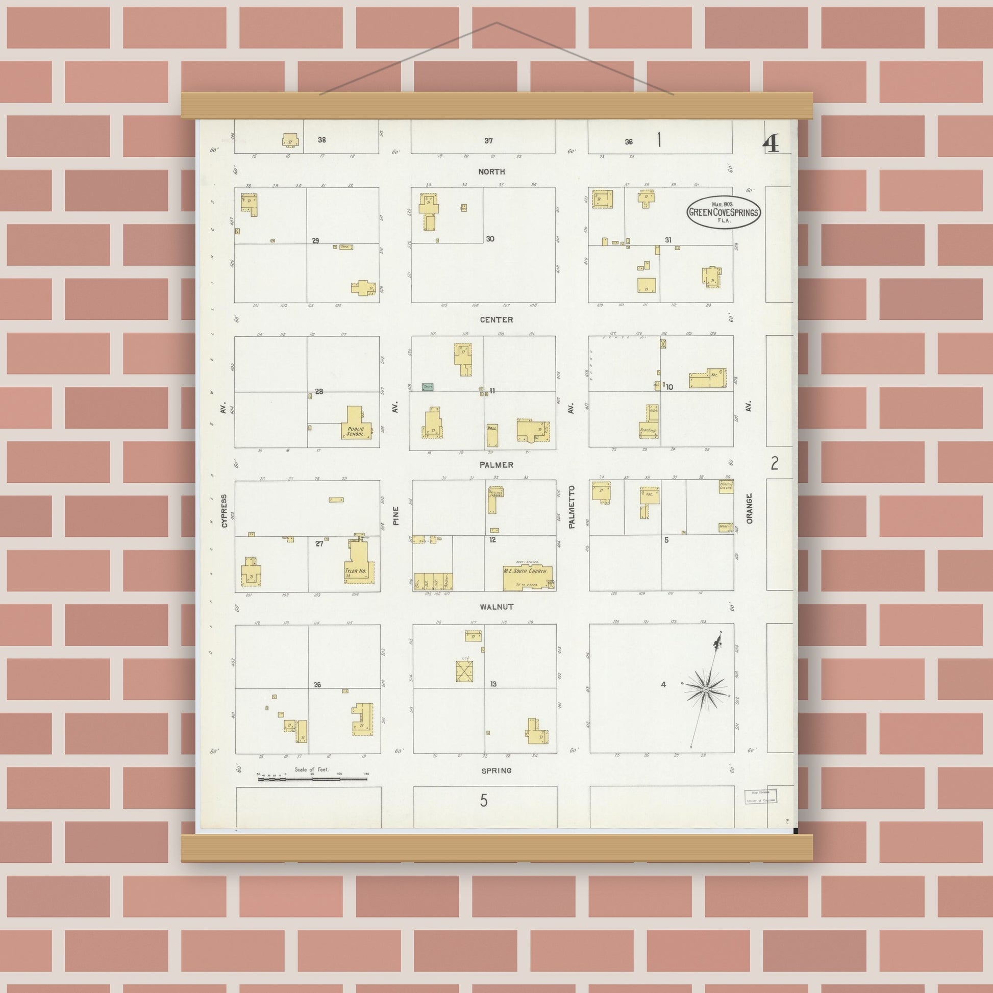 Old map wall art mockup — magnetic wood frame on brick wall — Sanborn Fire Insurance Map from Green Cove Springs, Clay County, Florida (1903), Sheet #0004