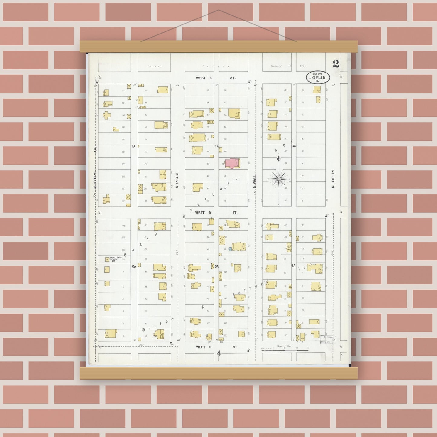 Old map wall art mockup — magnetic wood frame on brick wall — Sanborn Fire Insurance Map from Joplin, Jasper County, Missouri (1900), Sheet #0002
