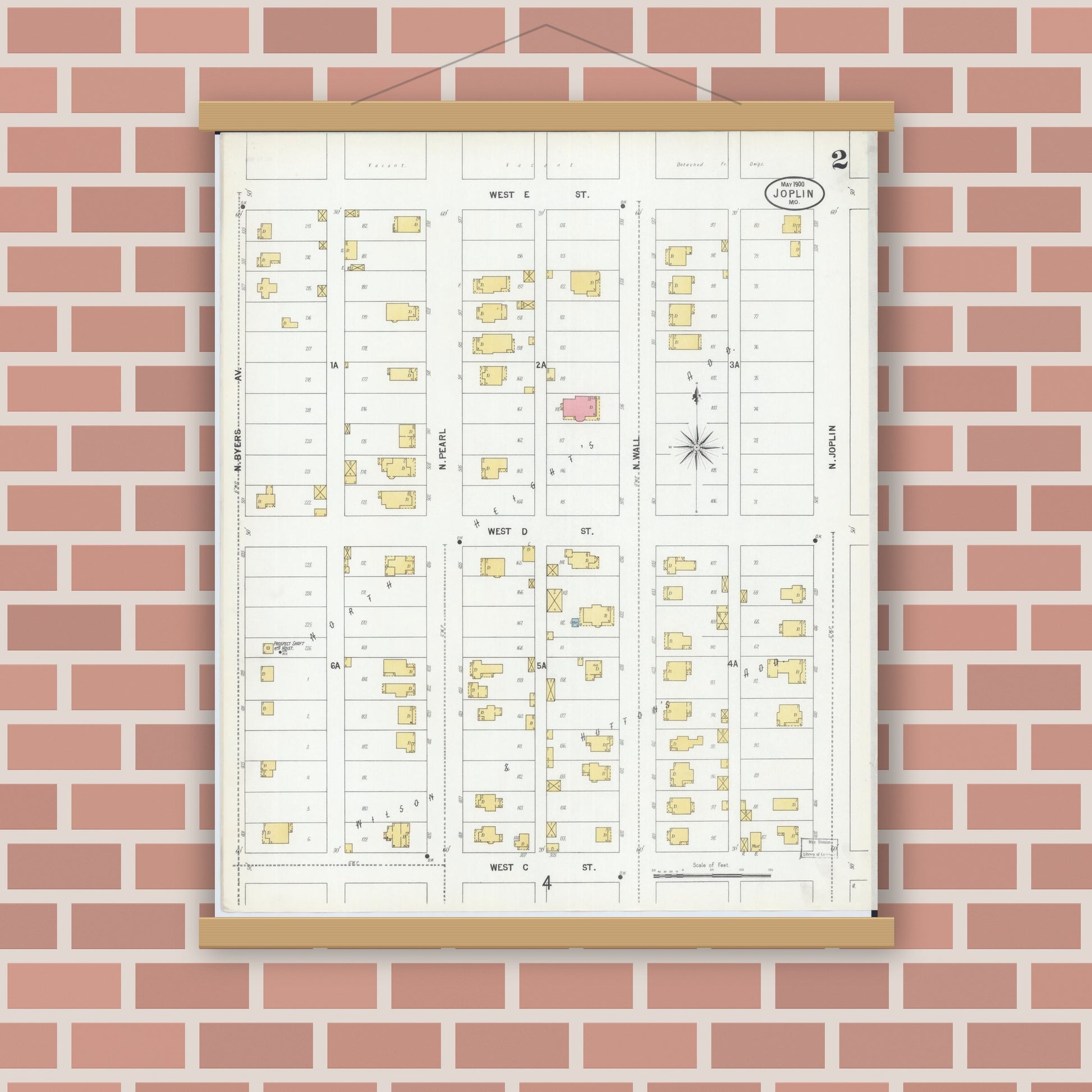 Old map wall art mockup — magnetic wood frame on brick wall — Sanborn Fire Insurance Map from Joplin, Jasper County, Missouri (1900), Sheet #0002