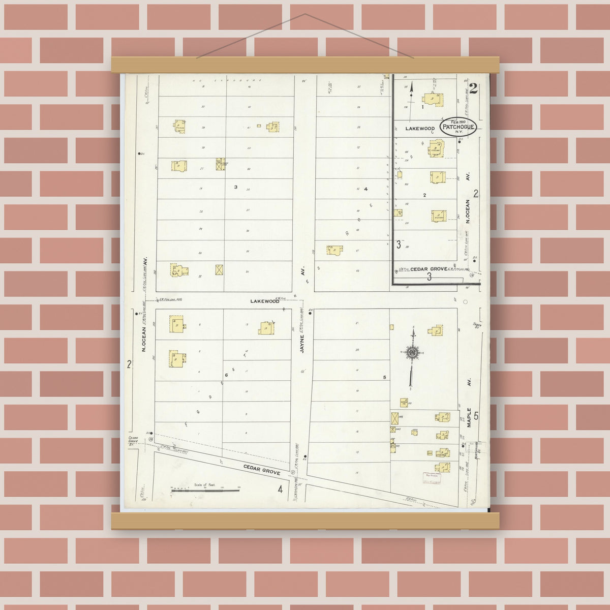 Old map wall art mockup — magnetic wood frame on brick wall — Sanborn Fire Insurance Map from Patchogue, Suffolk County, New York (1910) - Complete Map Set