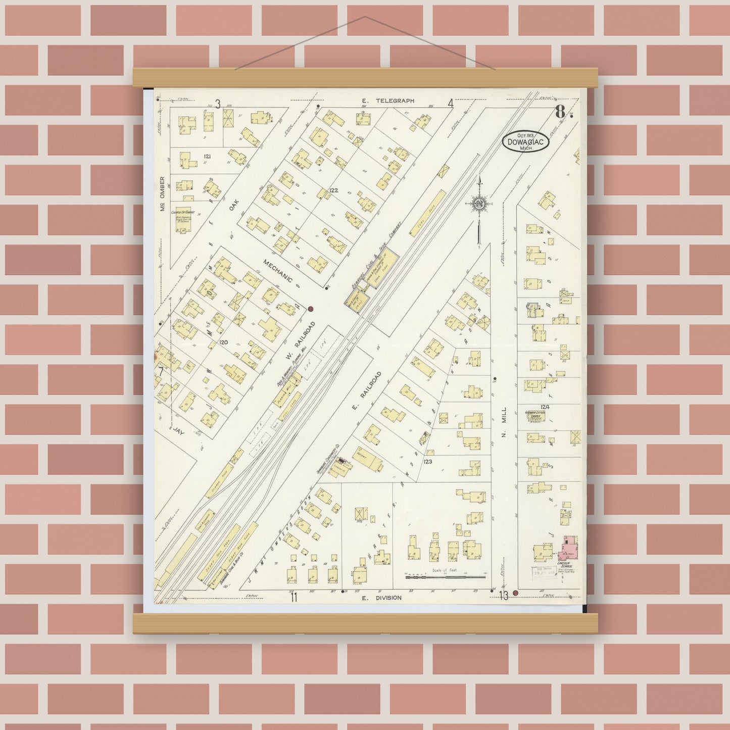 Old map wall art mockup — magnetic wood frame on brick wall — Sanborn Fire Insurance Map from Dowagiac, Cass County, Michigan (1913), Sheet #0008