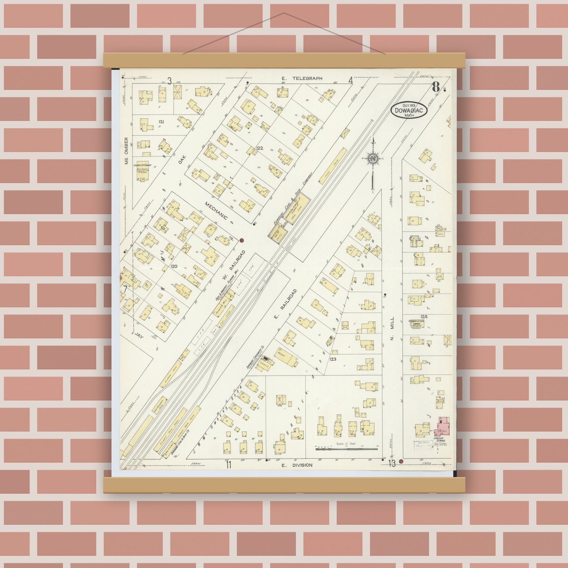 Old map wall art mockup — magnetic wood frame on brick wall — Sanborn Fire Insurance Map from Dowagiac, Cass County, Michigan (1913), Sheet #0008