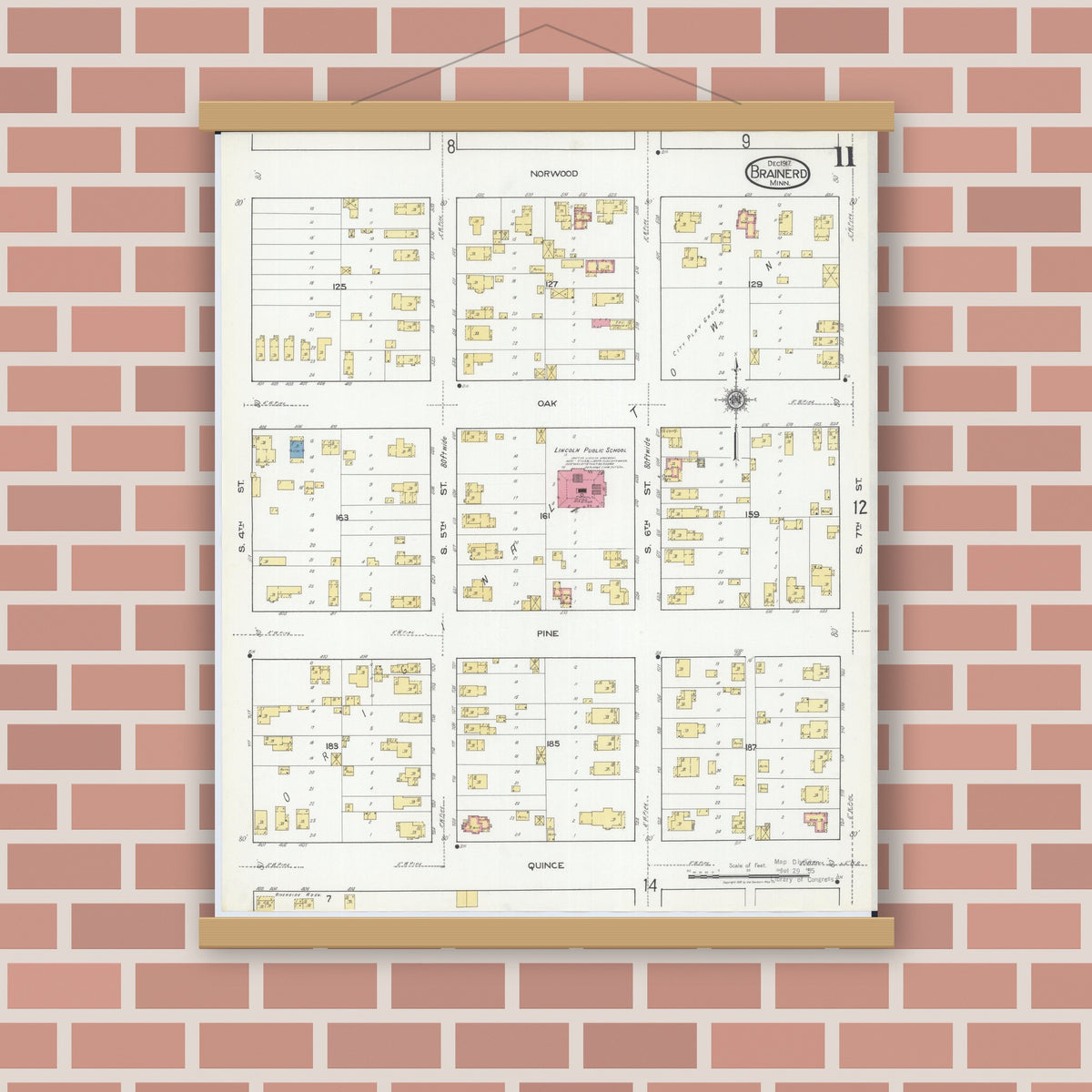 Old map wall art mockup — magnetic wood frame on brick wall — Sanborn Fire Insurance Map from Brainerd, Crow Wing County, Minnesota (1917), Sheet #0011