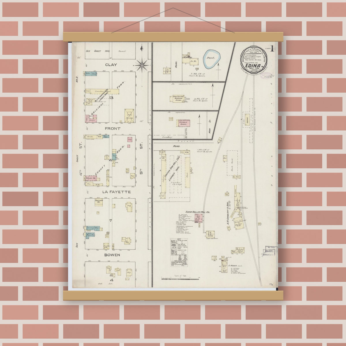 Old map wall art mockup — magnetic wood frame on brick wall — Sanborn Fire Insurance Map from Edina, Knox County, Missouri (1886) - Complete Map Set