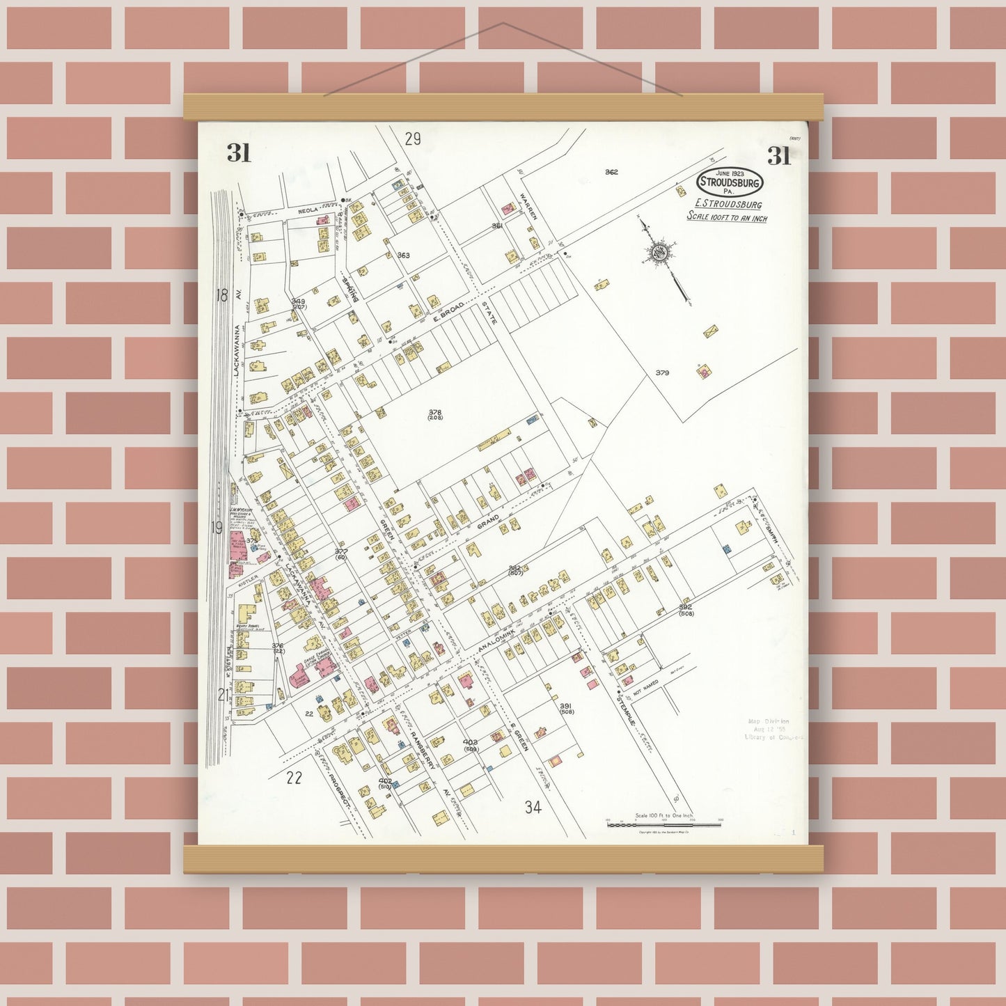 Old map wall art mockup — magnetic wood frame on brick wall — Sanborn Fire Insurance Map from Stroudsburg, Monroe County, Pennsylvania (1923), Sheet #0031