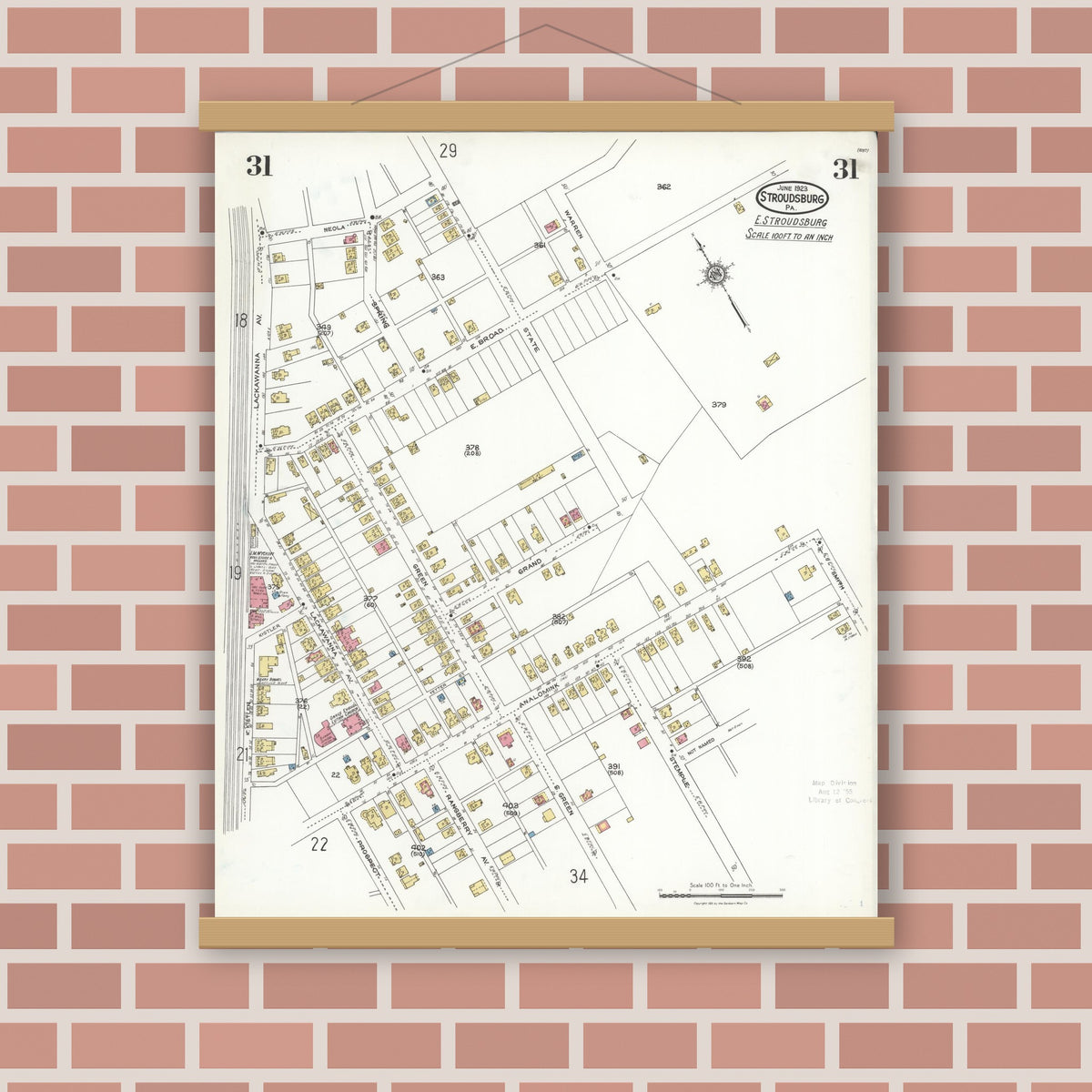 Old map wall art mockup — magnetic wood frame on brick wall — Sanborn Fire Insurance Map from Stroudsburg, Monroe County, Pennsylvania (1923), Sheet #0031