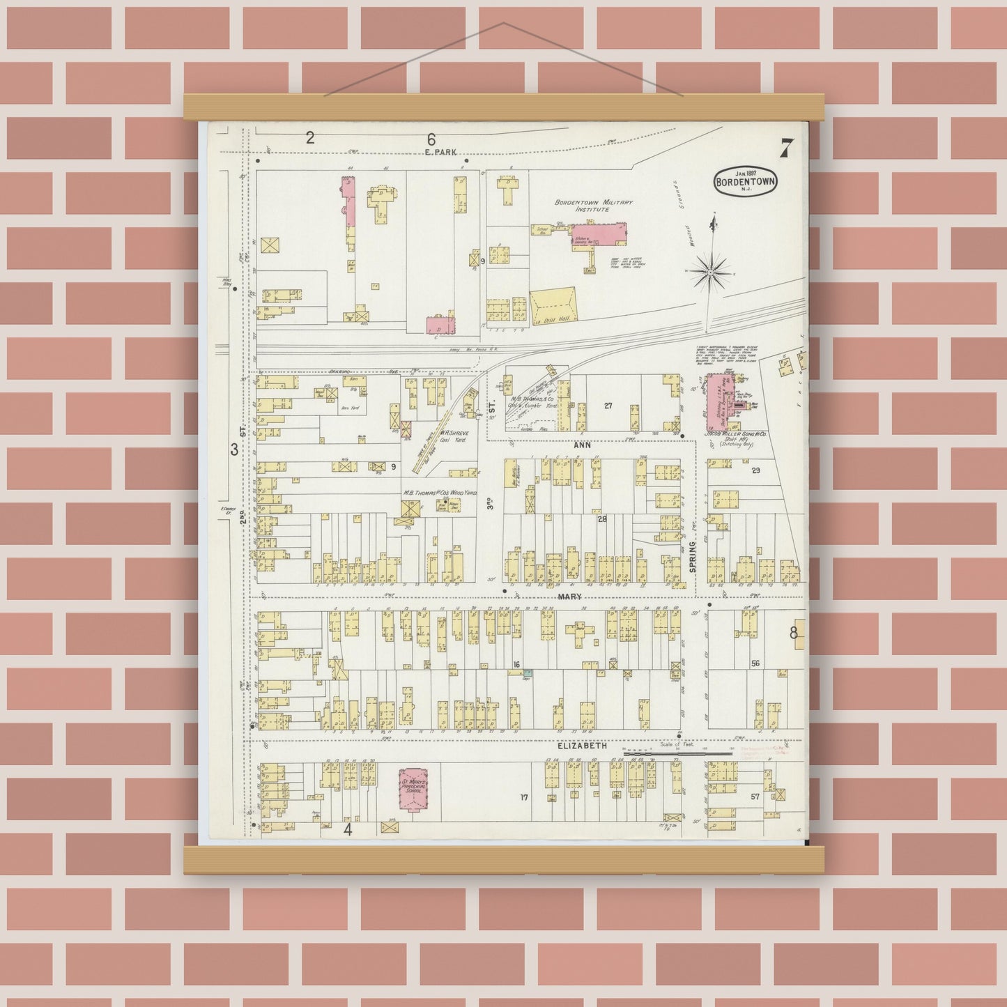 Old map wall art mockup — magnetic wood frame on brick wall — Sanborn Fire Insurance Map from Bordentown, Burlington County, New Jersey (1897), Sheet #0007
