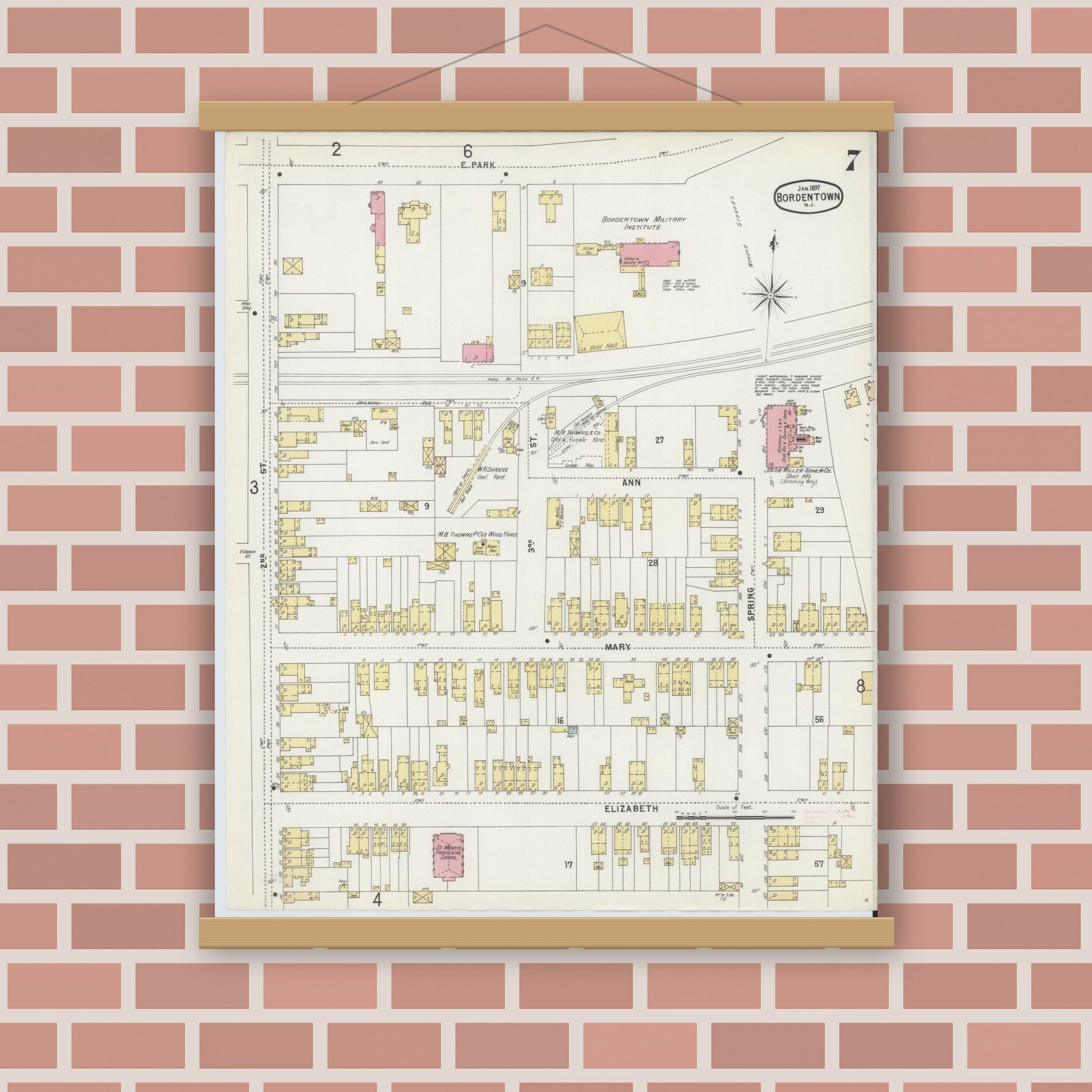 Old map wall art mockup — magnetic wood frame on brick wall — Sanborn Fire Insurance Map from Bordentown, Burlington County, New Jersey (1897), Sheet #0007