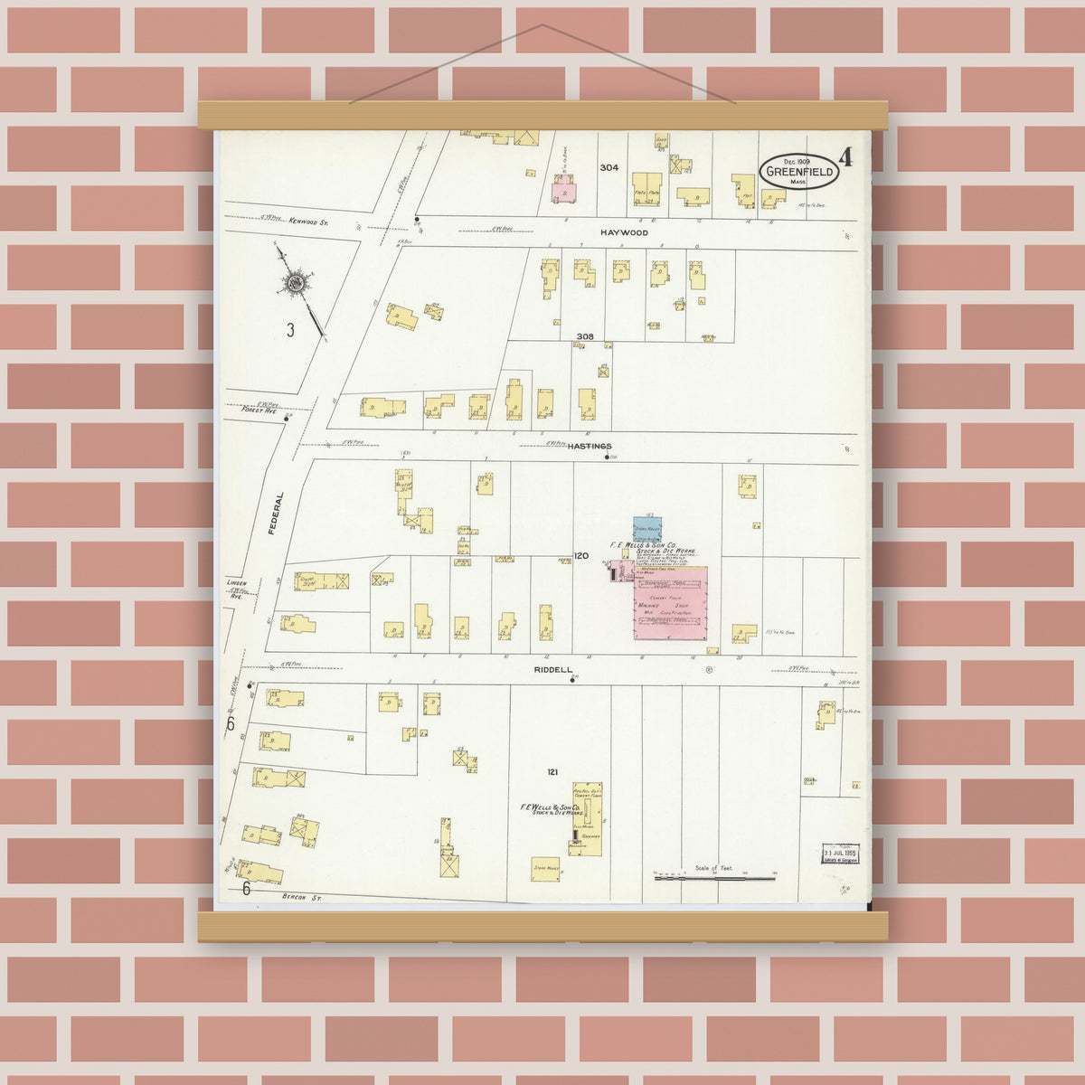 Old map wall art mockup — magnetic wood frame on brick wall — Sanborn Fire Insurance Map from Greenfield, Franklin County, Massachusetts (1909), Sheet #0004