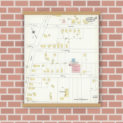 Old map wall art mockup — magnetic wood frame on brick wall — Sanborn Fire Insurance Map from Greenfield, Franklin County, Massachusetts (1909), Sheet #0004