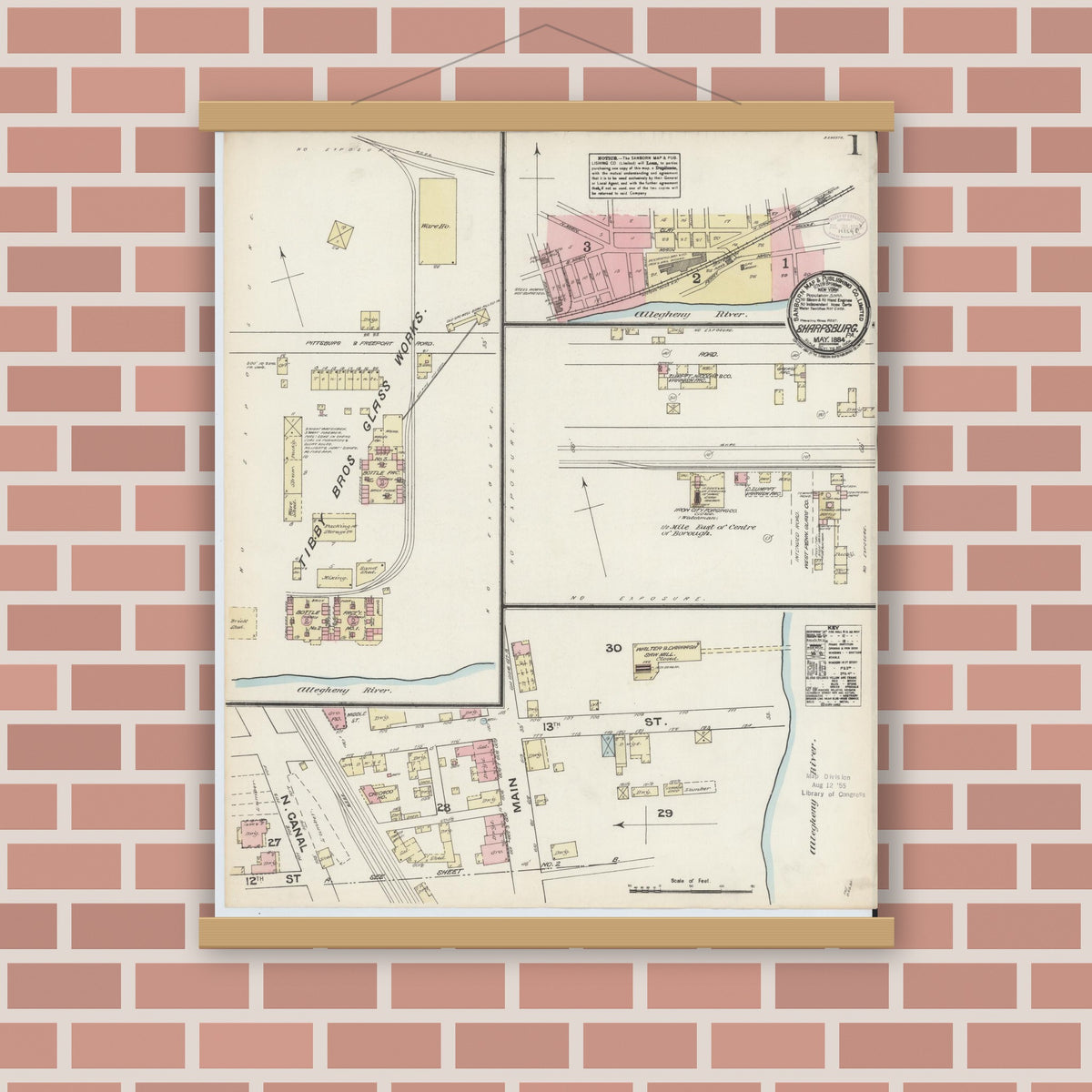 Old map wall art mockup — magnetic wood frame on brick wall — Sanborn Fire Insurance Map from Sharpsburg, Allegheny County, Pennsylvania (1884) - Complete Map Set