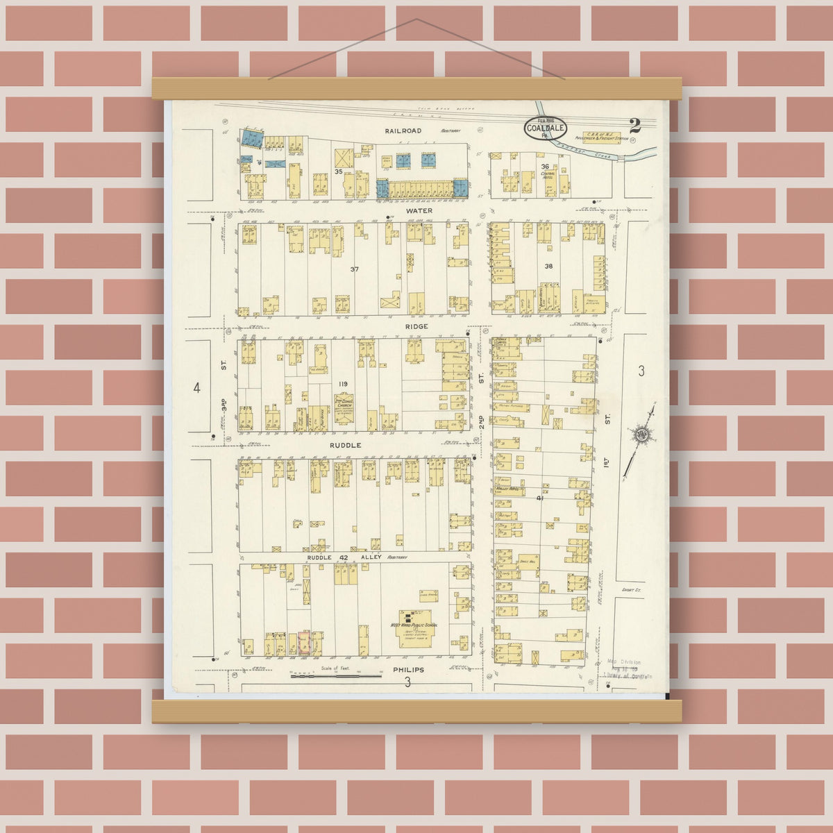 Old map wall art mockup — magnetic wood frame on brick wall — Sanborn Fire Insurance Map from Coaldale, Schuylkill County, Pennsylvania (1916), Sheet #0002