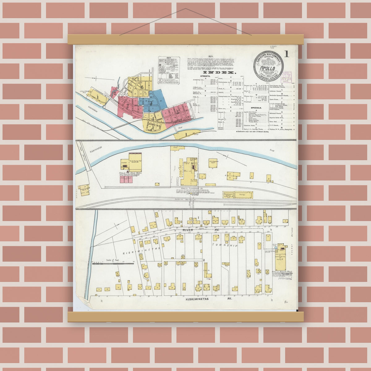Old map wall art mockup — magnetic wood frame on brick wall — Sanborn Fire Insurance Map from Apollo, Armstrong County, Pennsylvania (1904), Sheet #0001